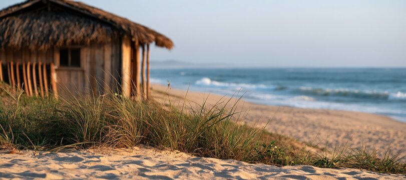 Wood and thatch surf shack with surfboard rack on sandy beach