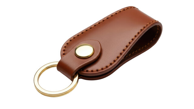 Brown leather keychain with a gold metal ring and a snap button for holding keys