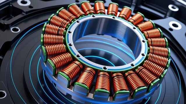 copper hairpin winding detail on industrial electric motor stator assembly
