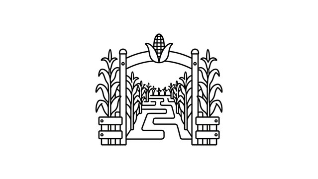 Outline vector icon of a corn maze with arch entrance and corn stalk fences.