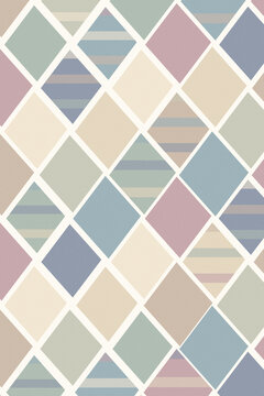 A seamless arrangement of soft geometric diamonds and horizontal stripes creates a calm, balanced textile-inspired surface suitable for wallpaper, stationery, interiors, and branding.
