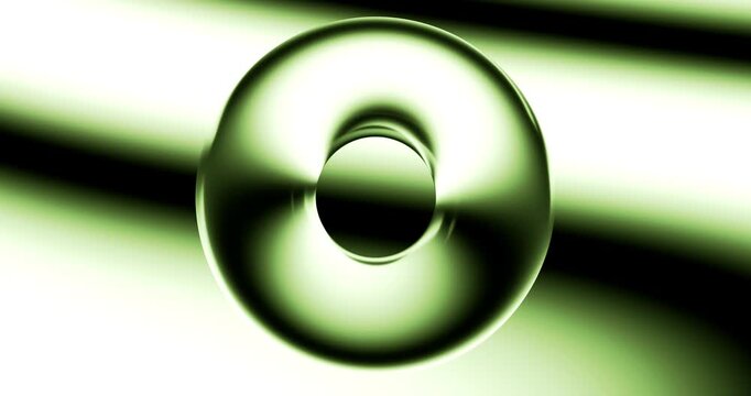Transparent glass donut shape distorting flowing mint green gradient light waves on dark background
