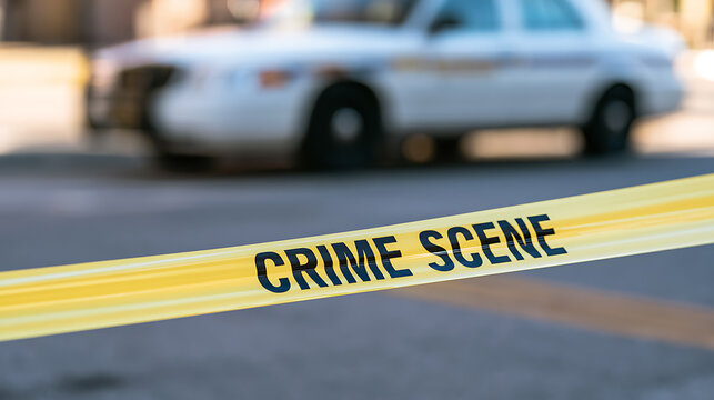 Yellow crime scene tape barrier cordoning off a dangerous public street area with a police car vehicle parked in the blurred background