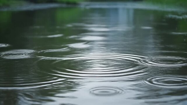 Raindrops create ripples on the surface of a dark water body, nature's gentle rhythm.