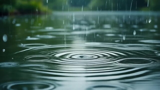 Raindrops Falling on Water Surface Creating Ripples and Rings