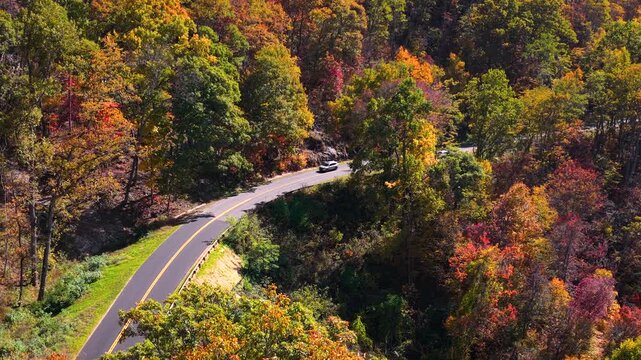 Car driving on mountain pass road between dense woods in seasonal colors. Scenic parkway in fall season.