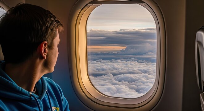 A young man looking out of an airplane window at a cloudy sky and fluffy white clouds below.