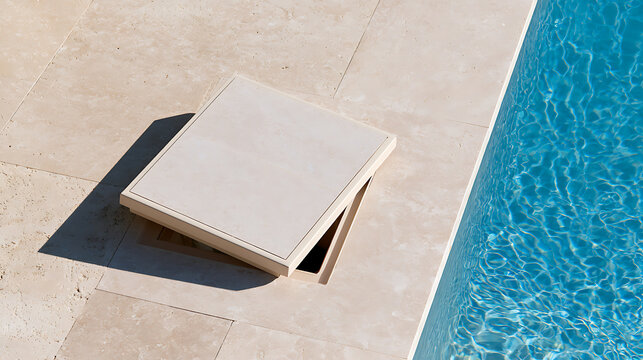 A custom stone skimmer lid partially open on beige travertine tile patio beside bright blue swimming pool water in a luxury summer resort