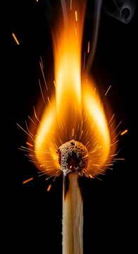 Close up of a burning matchstick with bright yellow orange flame glowing against dark background
