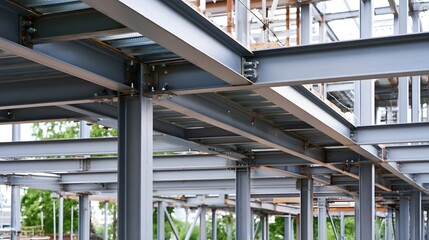 Obraz premium Close up of industrial steel beams and girders forming a structural framework with visible bolts and welded joints under daylight