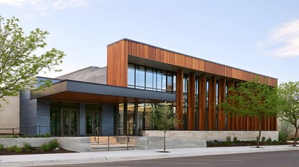 Obraz premium Modern comm center with wooden facade glass and accessible entrance under bright daylight