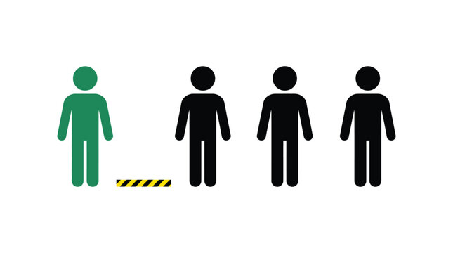 Social distancing graphic illustration showing one green person standing apart from black human silhouette figures