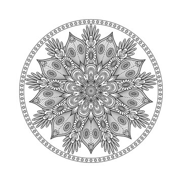 A symmetrical radial artwork displays abundant blooms, pointed leaves, and delicate textures in clean black outlines, offering a peaceful printable resource for creative focus and stress relief.
