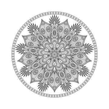 A symmetrical floral composition radiates from a delicate center through layered petals and featherlike leaves, creating peaceful black line art for coloring, meditation, and home decor.