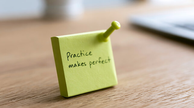 A green sticky note pinned to a wooden desk with the inspirational handwritten text quote practice makes perfect for motivation concepts