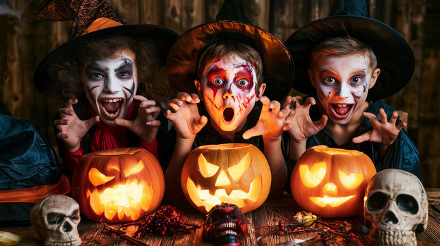 Three excited children wearing Halloween costumes and dramatic face paint pose behind a wooden table with glowing carved pumpkins, witch hats, skull decoration and festive party pr