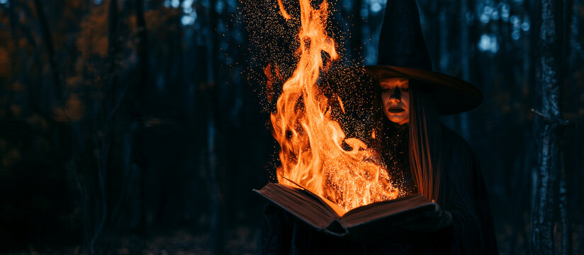 Mysterious young witch wearing a pointed black hat holds an open spellbook as brilliant orange magical flames and glowing sparks rise from the pages, moonlit haunted forest fading