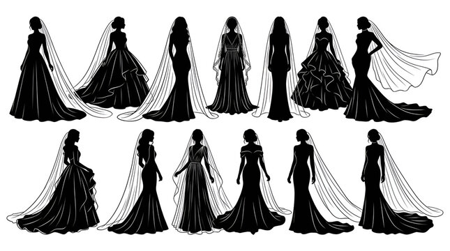 Silhouette Collection of Elegant Wedding Dresses and Bridal Veils on White Background