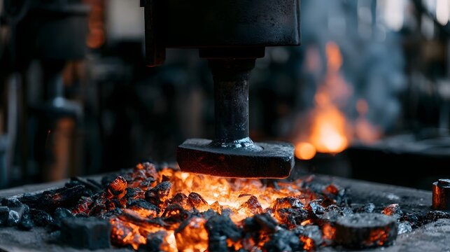 A heavy hammer descends onto glowing hot metal pieces in a foundry  with bright orange flames and dark industrial surroundings