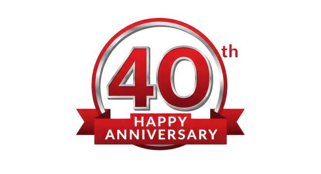 Shiny red and silver 40th happy anniversary emblem isolated on transparent