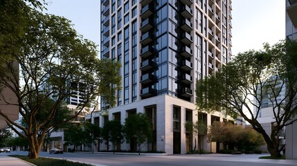 Obraz premium Modern high rise building with glass balconies and stone base framed by mature trees on a quiet urban street