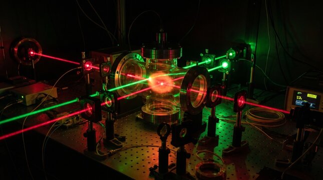 Laser cooling experiment with trapped atoms in a high-tech physics laboratory setup.