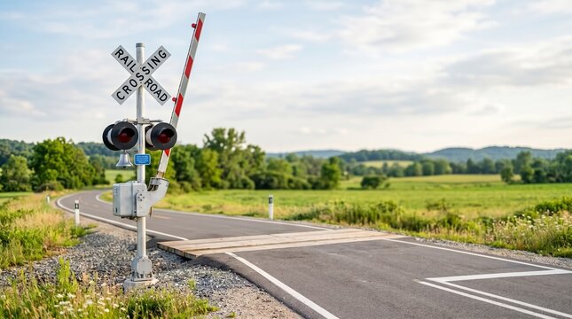 Railroad crossing with X-shaped sign and lights near open field  