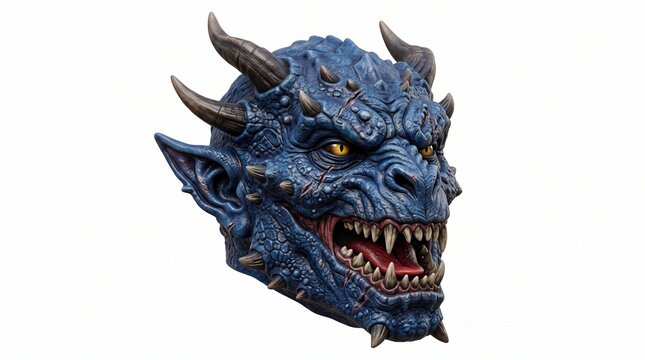 Fearsome Blue Dragon Head with Sharp Teeth and Horns Detailed Realistic Render