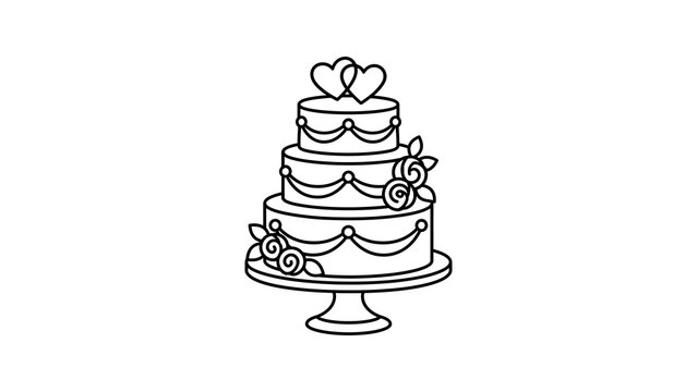 Three tier wedding cake line art icon decorated with roses and hearts.