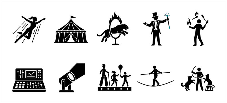 Collection of circus performance icons including a tiger jump ringmaster acrobat tent balancing act with performance art show business entertainment icons circus animals