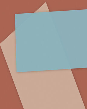 Layered paper-like planes overlap at playful angles, combining muted blue, blush, and terracotta against a deep clay field for contemporary art, branding, and editorial projects.