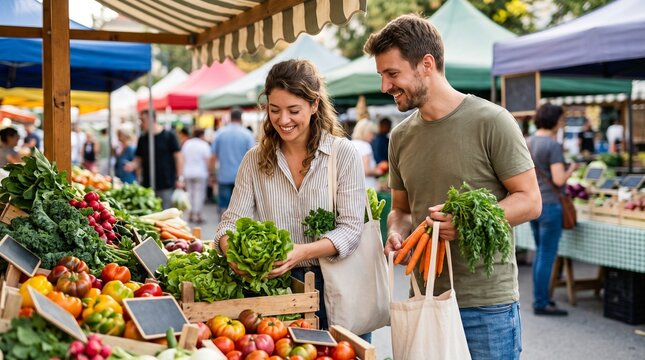 Happy couple shopping for fresh organic vegetables at an outdoor farmers market stall