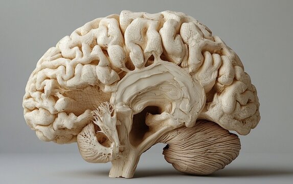 Detailed anatomical model of a human brain, sagittal view, showing internal structures.