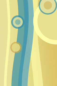 Graceful flowing ribbons and floating circular accents create a sunny abstract design in turquoise, lemon, olive, and cream, bringing warmth and movement to creative layouts.