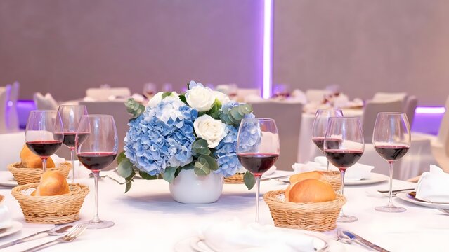 Elegant Romantic Table Setting with Wine and Hydrangea Centerpiece
