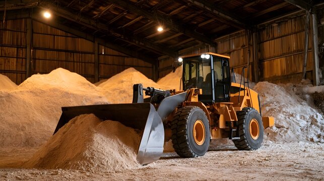 A yellow front loader is positioned inside a large warehouse filled with piles of sand and gravel under warm lighting