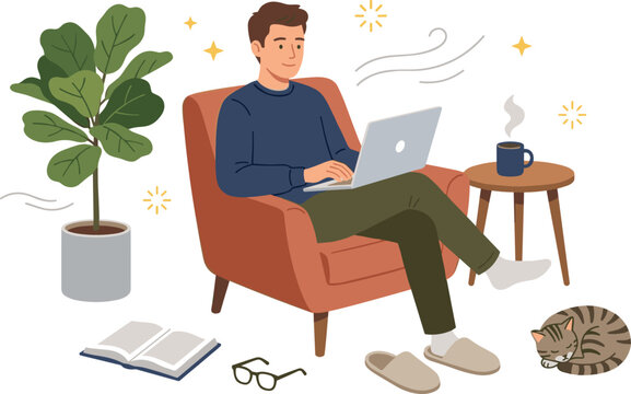 Freelancer Working from Home in Cozy Armchair with Laptop Computer, Sleeping Cat, Coffee Table, Potted Fiddle Leaf Fig Plant, Book, and Glasses Vector