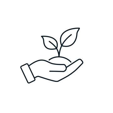 Hand holding growing plant line art vector icon, environmental care and sustainable growth symbol