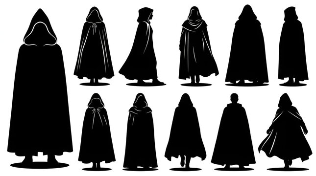 Collection of Black Silhouettes of Long Hooded Winter Cloaks on White Background