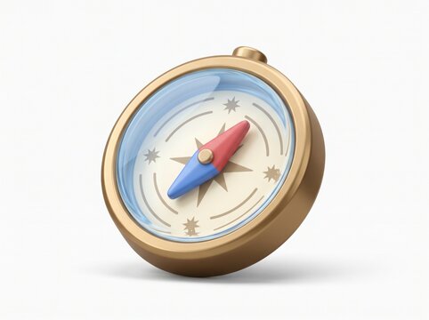 3d cute cartoon classic golden navigation compass with blue and red needle, 3d render isolated on white background