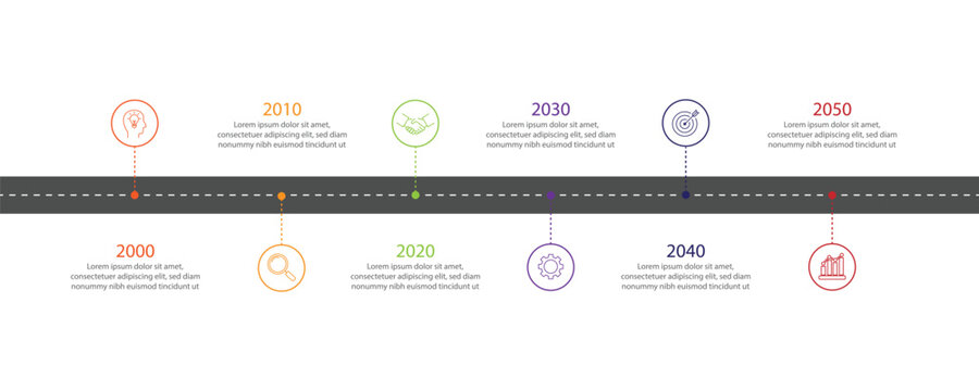 Business road map timeline infographic design with 6 steps. Modern milestone diagram with road journey concept, presentation vector infographic.
