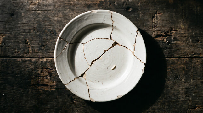 Broken White Ceramic Plate on Rustic Wooden Background Top View