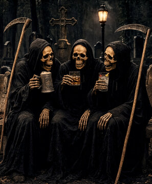 Three grim reapers in black robes sitting on a graveyard bench at night, each holding a different drink and toasting with skull faces visible.