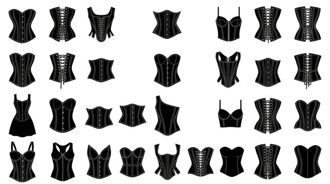 Grid Collection of Black Corset and Bustier Silhouettes Isolated on White