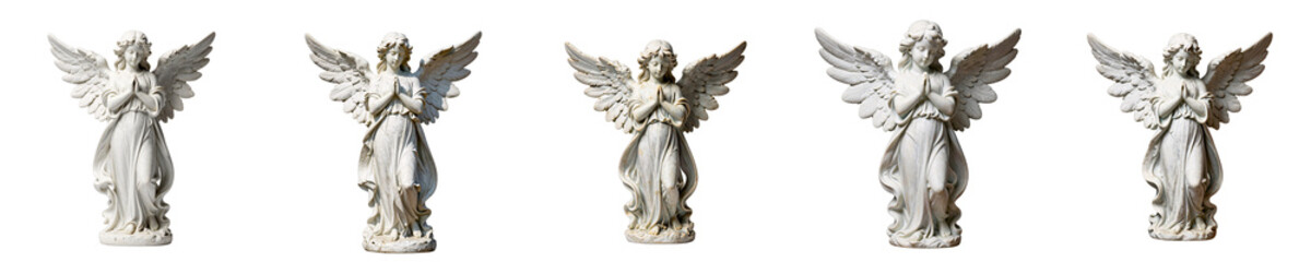 Fototapeta premium Five angel statues of white stone are seen against black background, representing spirituality