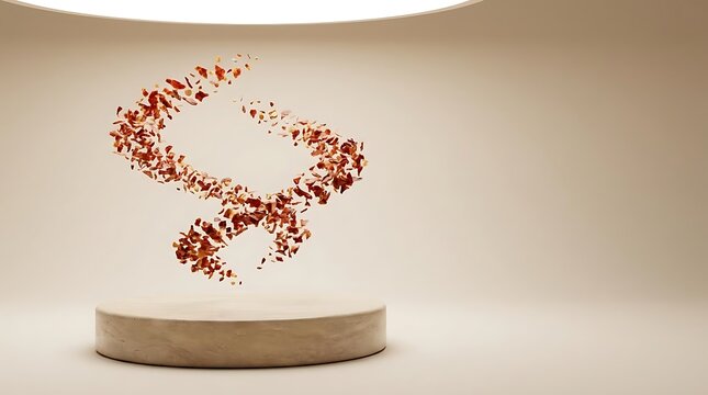 A stone product display podium showcasing the vibrant essence of aleppo pepper with a swirling organic vortex of dried spice flakes in a minimalist studio.