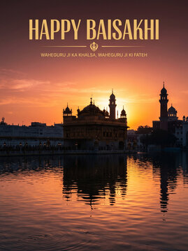 Golden temple silhouette at sunset with Happy Baisakhi greeting text message.