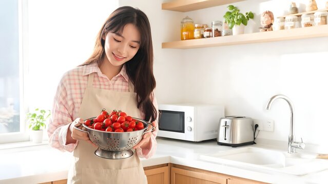 Woman in kitchen holding colander of cherry tomatoes