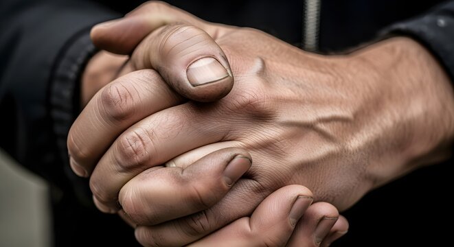 Close up of weathered worker hands clasped together in determination and strain
