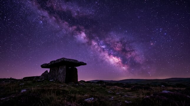 Ancient stone dolmen monument standing proudly under a breathtaking starry milky way night